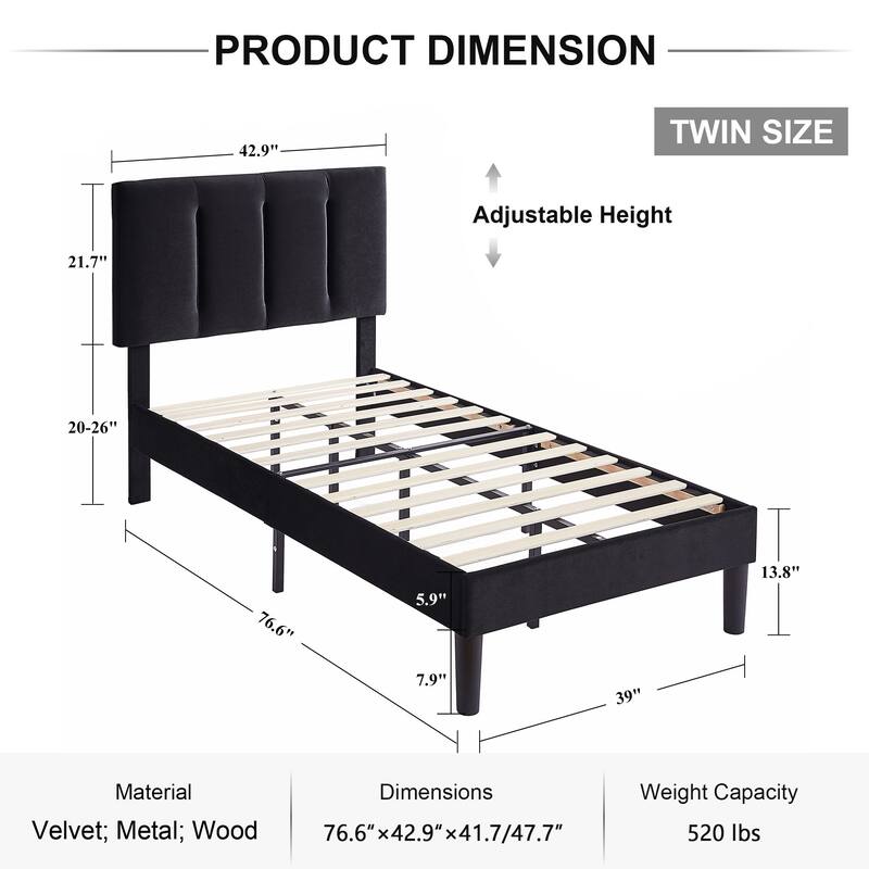 Upholstered Velvet Upholstered Bed Frame with Adjustable Height Headboard No Box Spring Needed Platform Bed Under Bed Storage
