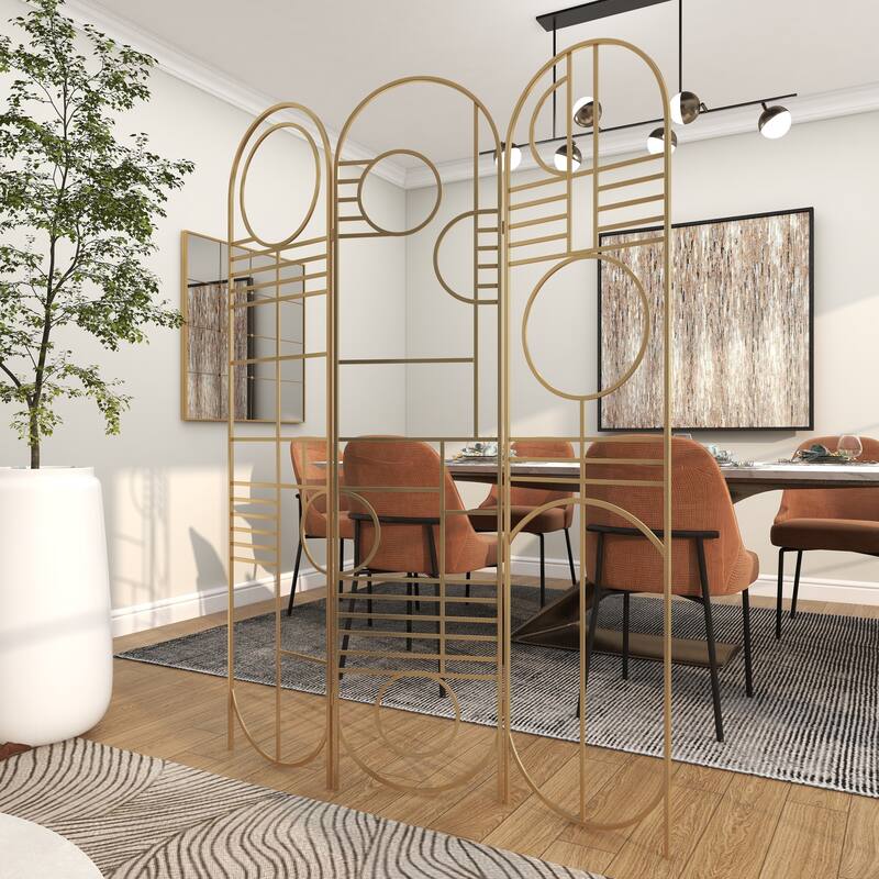 Gold Metal Hinged Foldable Arched Partition 3 Panel Geometric Partition Room Divider Screen