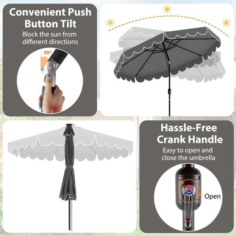 10 Feet Solar Patio Umbrella with LED Lights Push Button Tilt and Crank Handle for Backyard Deck