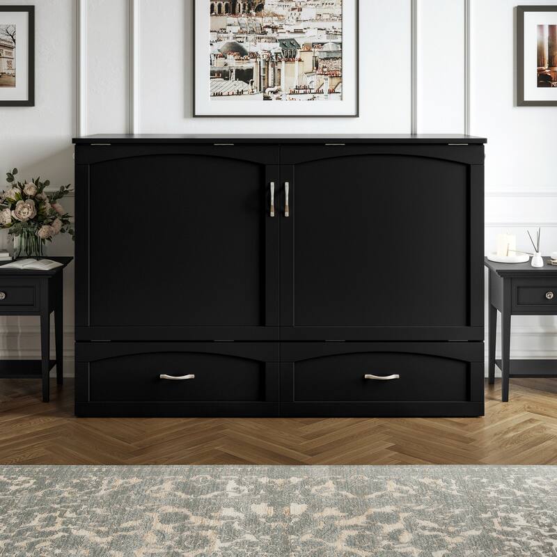 Marion Queen Murphy Bed Chest with 6" Mattress, Storage Drawer & Built-In Charger