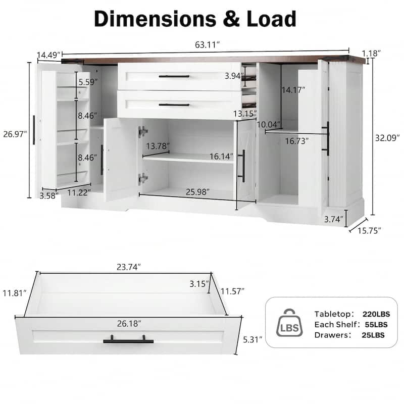63" Farmhouse Cabinet with 2 Drawers & Door Rack, Large Buffet Table Coffee Bar Cabinets with Adjustable Shelves for Kitchen