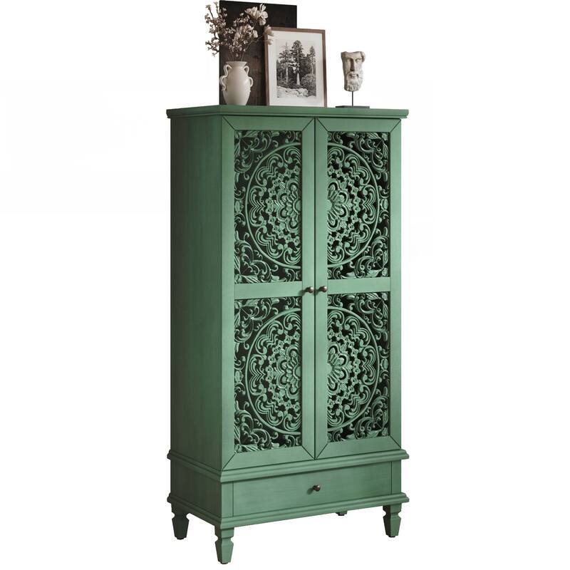 Tall Storage Cabinet with Drawer, Decorative 2-Door Carved Wood Accent Cabinet
