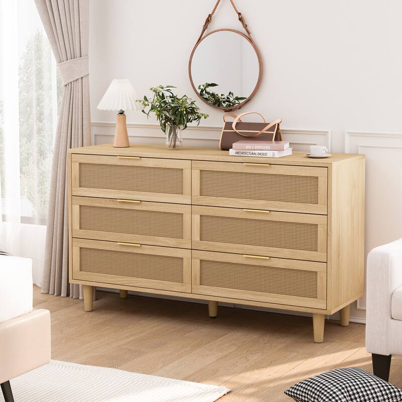 51.18" 6-Drawers Rattan Storage Cabinet Rattan Drawer with White Drawer Slides, for Bedroom, Living Room - Natural