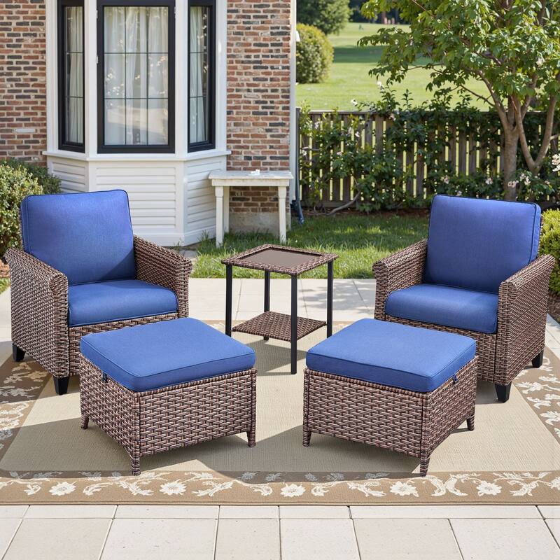 Pocassy Outdoor Sofa with Patio Chairs Funiture Set - 5PCS Patio Chair Ottoman w/ Table - Brown Wicker Beige Cushion