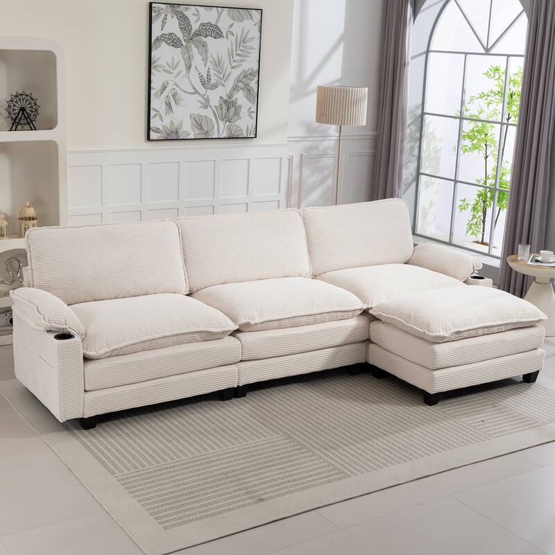 L-Shaped Modular Sectional Sofa with Ottoman, Oversized Corduroy Upholstered Cloud Couch with Cup Holders & Side Pockets