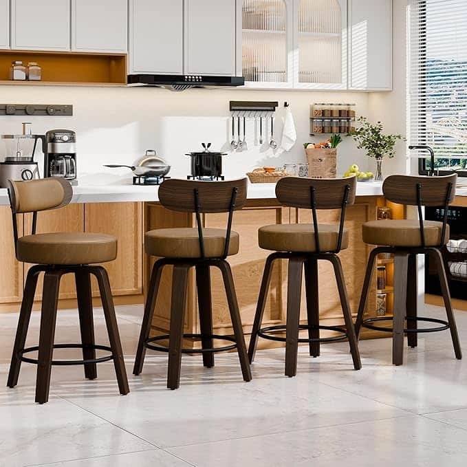 XINMICS 26 Inches Swivel Counter Height Bar Stools with Faux Leather Upholstered Pad Wood Back, Set of 2/3/4 - Set of 4 - Brown - Counter Height