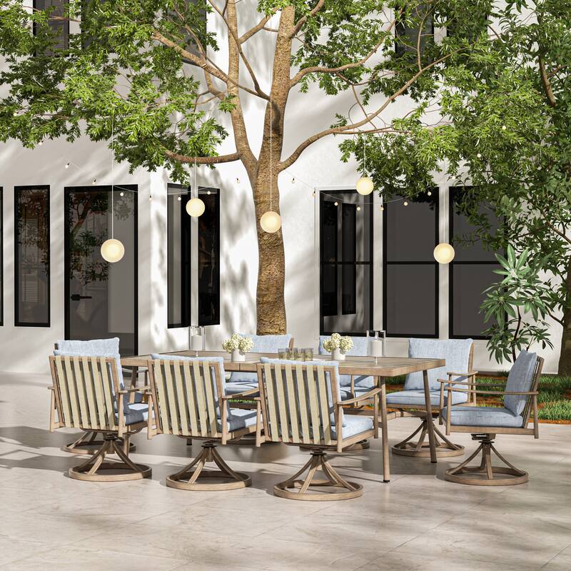 SleekLine 9-Piece Aluminum Patio Dining Set with Webbing Chair Back and Removable Cushions - Brown