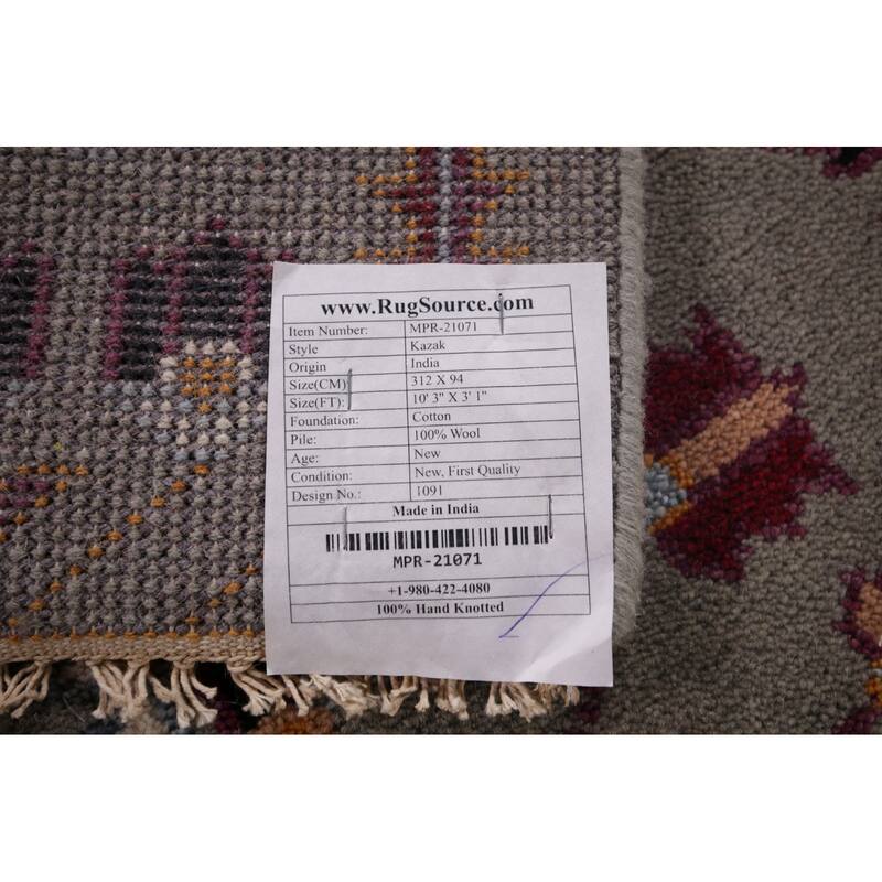 Tribal Geometric Kazak Oriental Runner Rug Hand-Knotted Wool Carpet - 3'1"x 10'3"