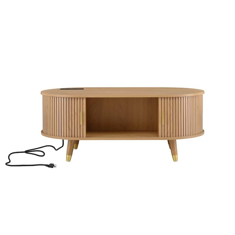 Roomfitters Mid-Century Coffee Table, Wooden Oval Fluted Center Table with Charging Station and Sliding Tambour Doors, Natural