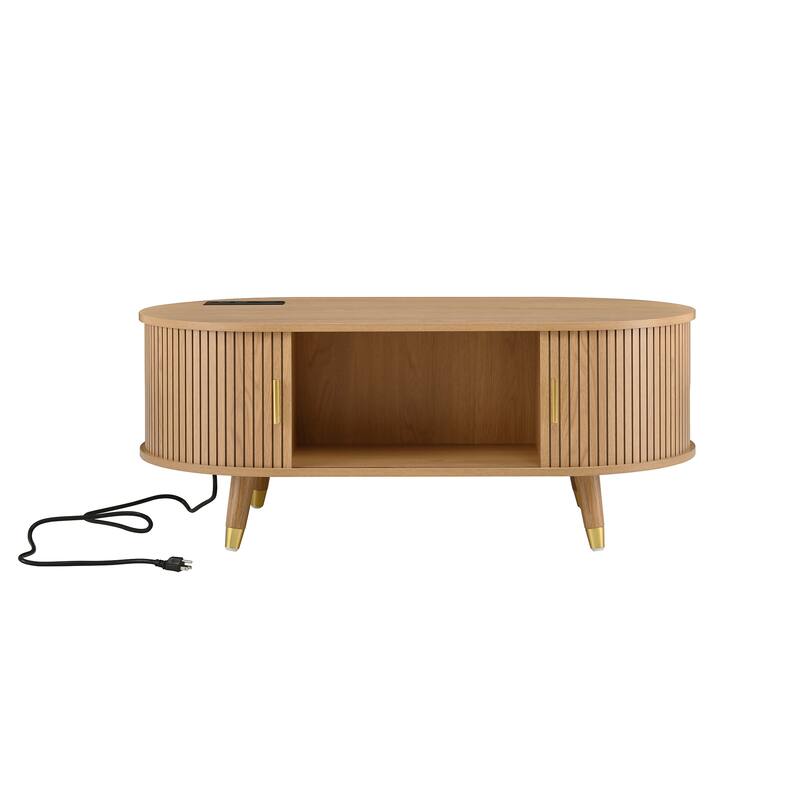 Wooden Oval Fluted Coffee Table with Charging Station and Sliding Tambour Door - 42.5" W × 22.8" D × 17.1" H