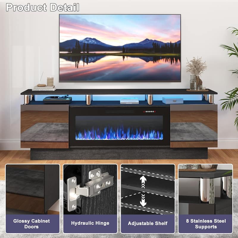 BOSSIN 70" Modern Electric Fireplace TV Stand, with Electronic Flame and LED Lights, High Gloss Finish Entertainment Center