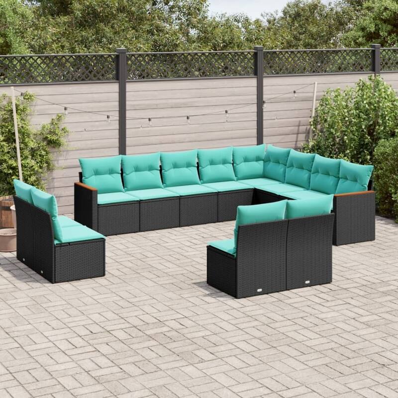 vidaXL 12 Piece Patio Sofa Set with Cushions Black Poly Rattan - 21.7x27.2x24.4-Without table