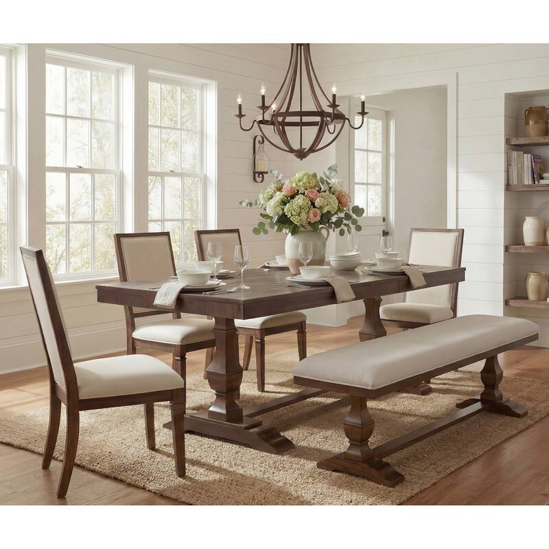 6-pieces Farmhouse Dining Table for 6, 74.8" Kitchen Table Set with 4 Chairs and Bench, Solid Wood Legs and Cushion Seat