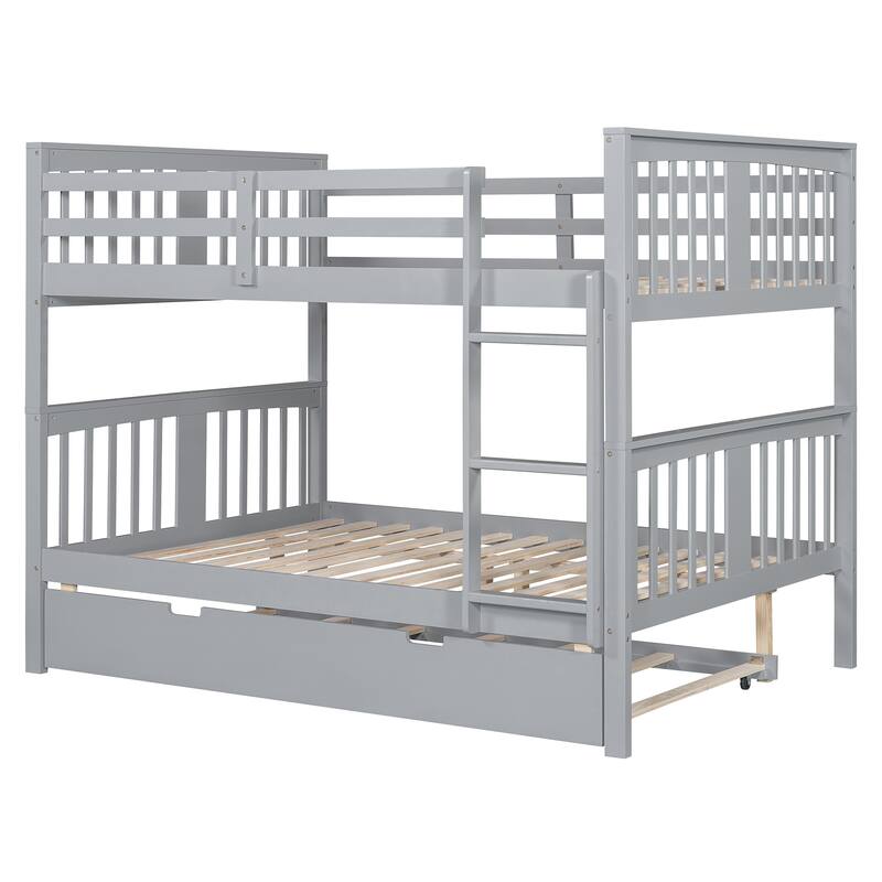 Full over Full Bunk Bed with Twin Trundle, Ladder & Slats - Gray/White/Espresso, Converts to 2 Beds