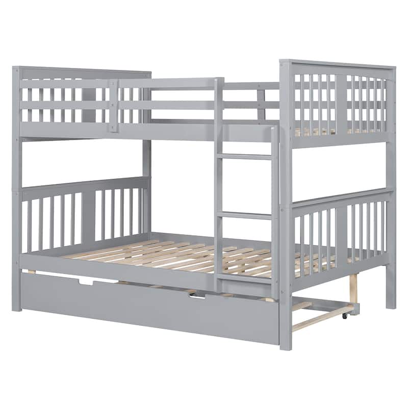 Solid Full Size Bunk Bed with Trundle, Ladder, and Safety Guardrails