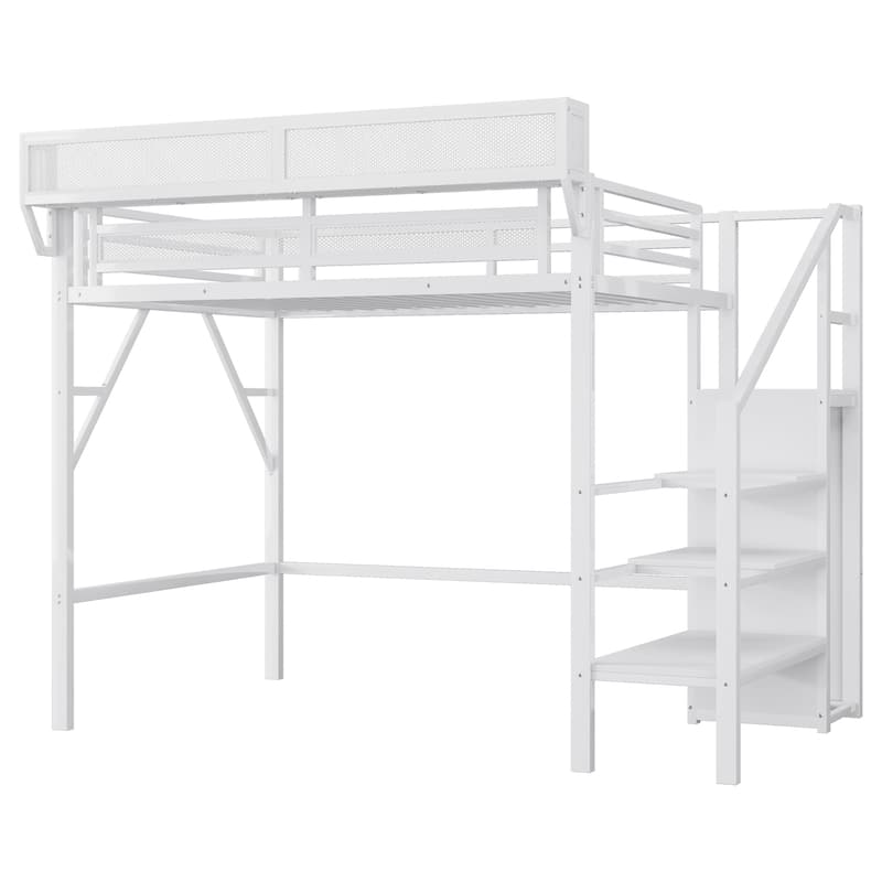 Metal Loft Bed with Wooden Stairs Built-in Storage Shelves and Wardrobe, High Loft Bed Frame with Side Grid Storage Rack