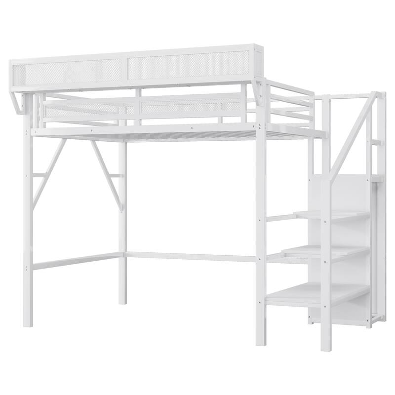 Twin XL Metal Loft Bed with Stairs, Full Size Loft Bed with Storage Shelves and Wardrobe for Kids and Teens