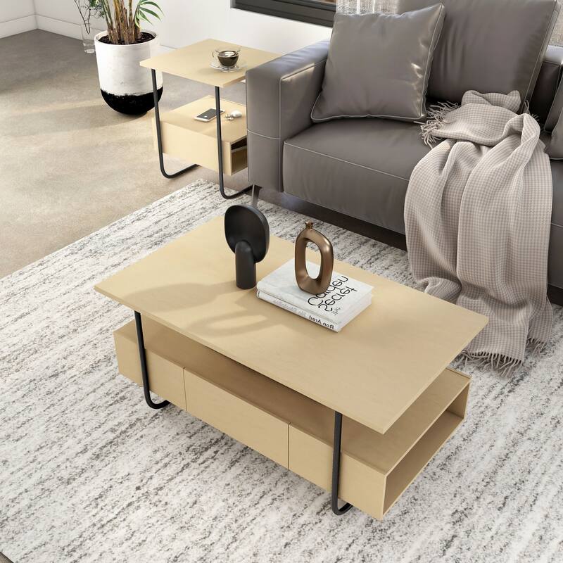 DH BASIC 2-Piece Modern Light Maple Coffee Table and End Table Set with Cubby Shelves by Denhour