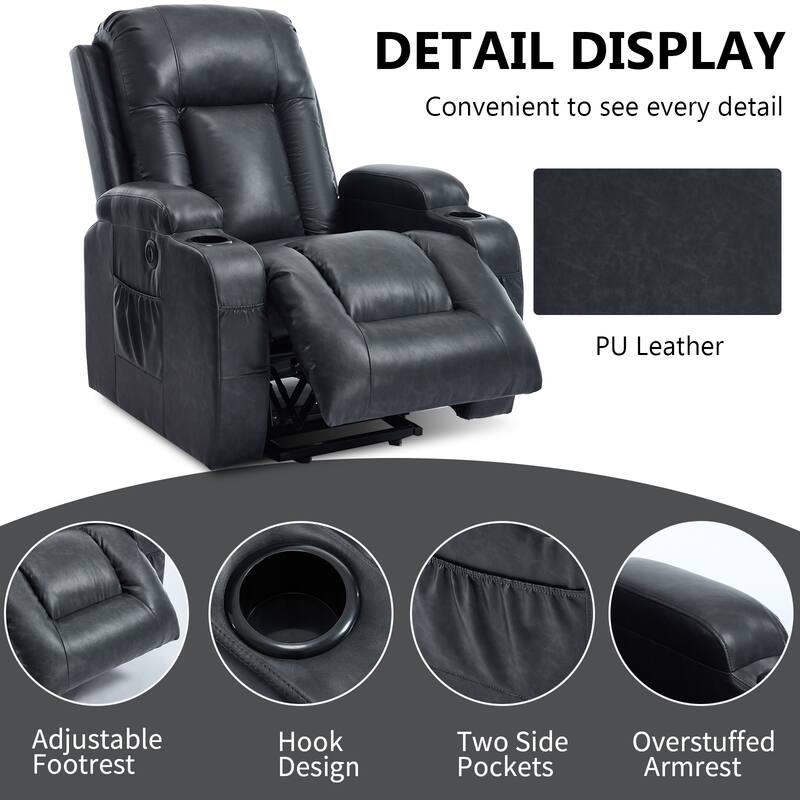 Roomfitters Heavy Duty Power Lift Recliner, PU Leather Massage Chair with Heat, USB Port and Dual Cup Holders