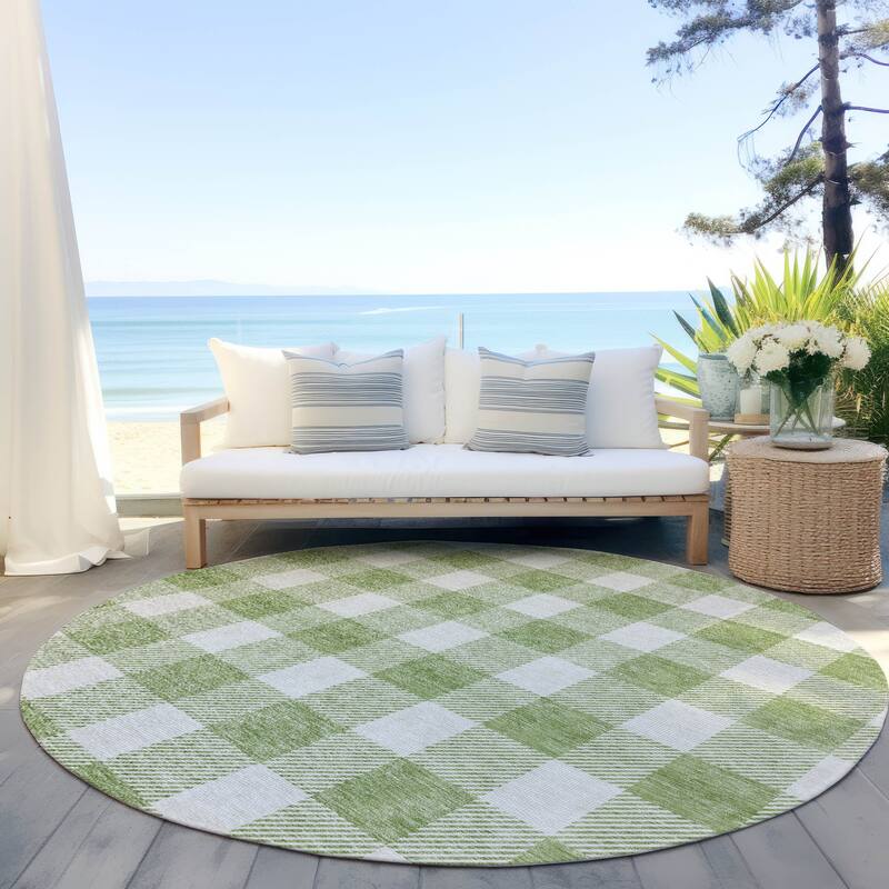 Machine Washable Indoor/ Outdoor Chantille Plaid Rug - Aloe - 8' x 8'
