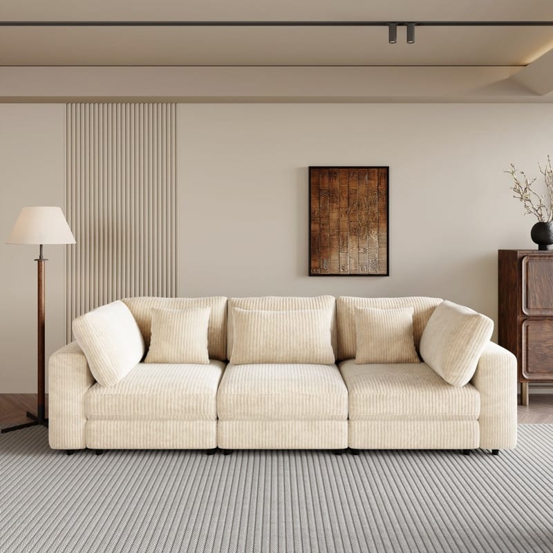 105" Corduroy Three Seater Upholstered Large Sofa (New Arrival) - Beige