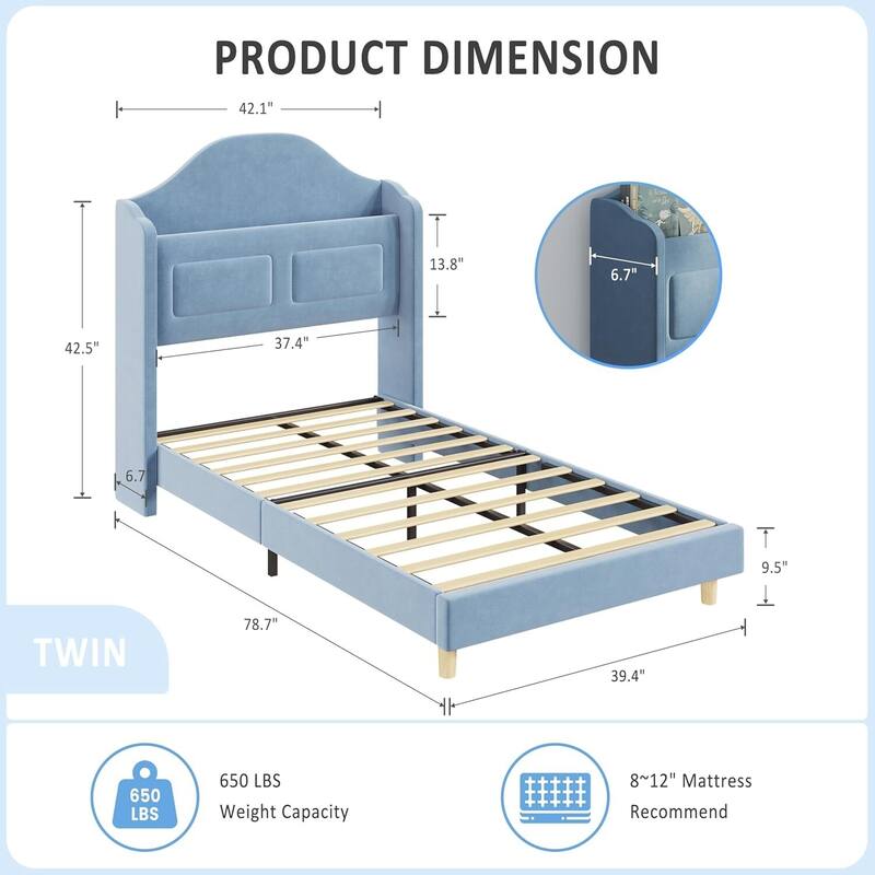 Twin Size Upholstered Velvet Platform Bed Frame for Kids with LED Lights Bookcase Headboard