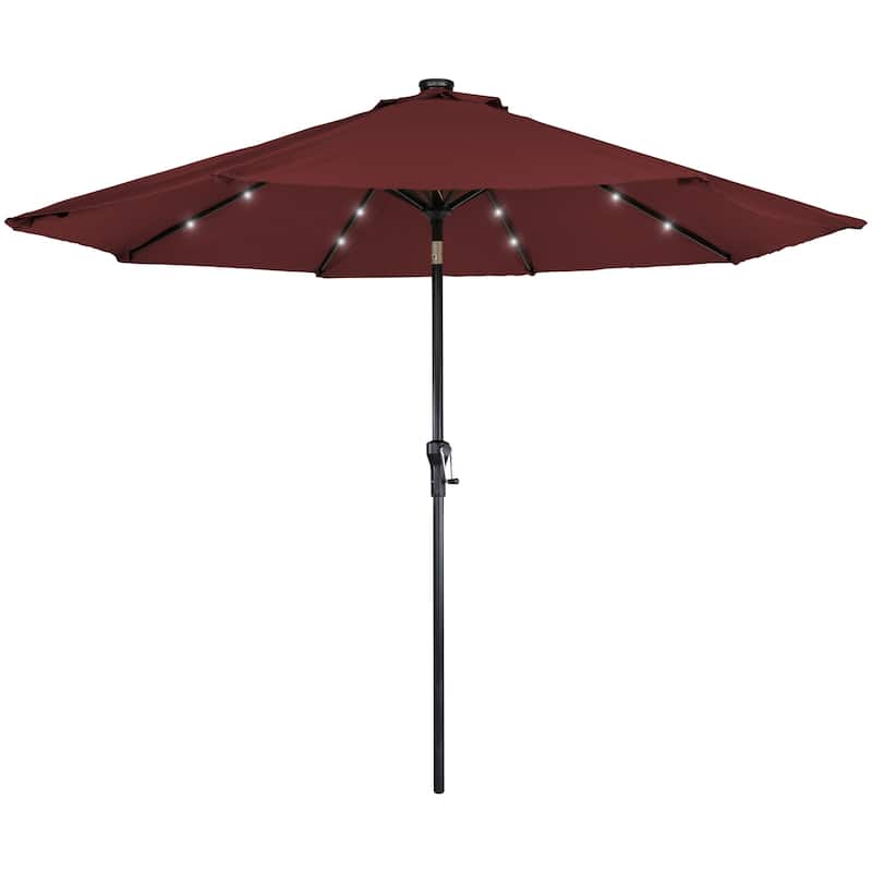 9ft Solar Lighted Outdoor Patio Market Umbrella with Hand Crank and Tilt - Red