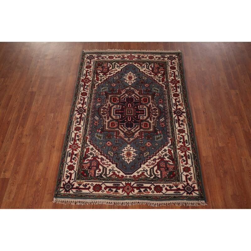 Light Blue Geometric Heriz Serapi Rug Hand-Knotted Wool Carpet - 4'0" X 6'0"