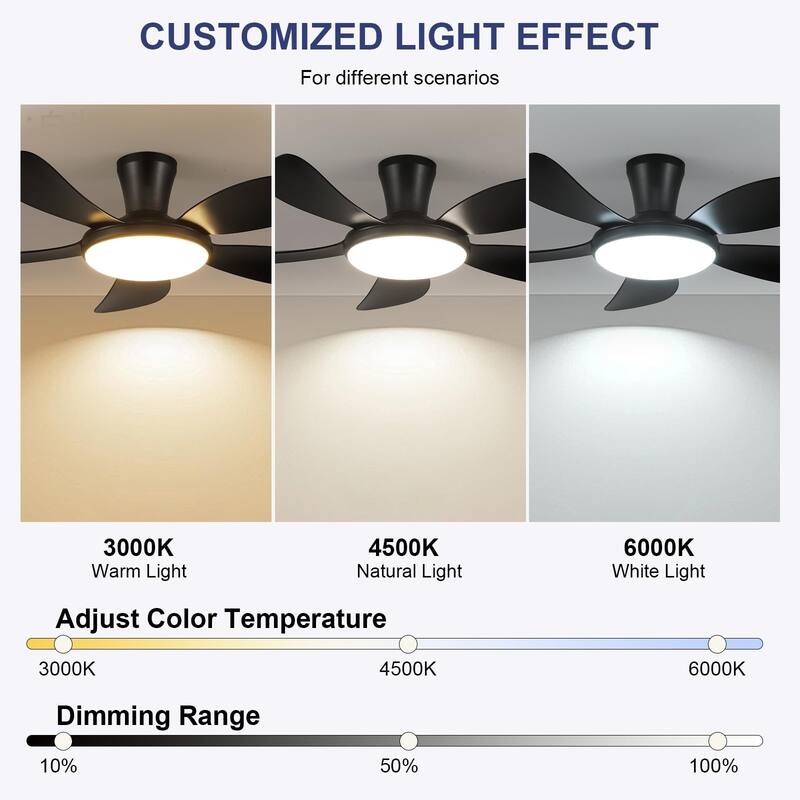 48" Flush Mount Ceiling Fan with Lights, 5 Reversible Blades,3 CCT LED with Remote and APP Control - 48 Inches