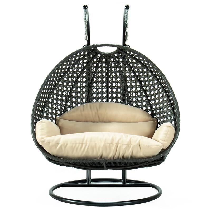 LeisureMod 2-Person Hanging Egg Swing Chair with Metal Stand - Handcrafted Charcoal Wicker, Patio Hammock Lounger with Cushions