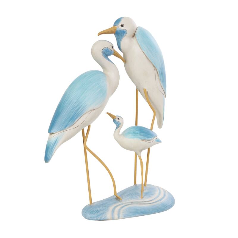 Polystone Bird Family Sculpture with Yellow Accents - Light Blue - Roche River Decor - 5"W x 11"L x 15"H