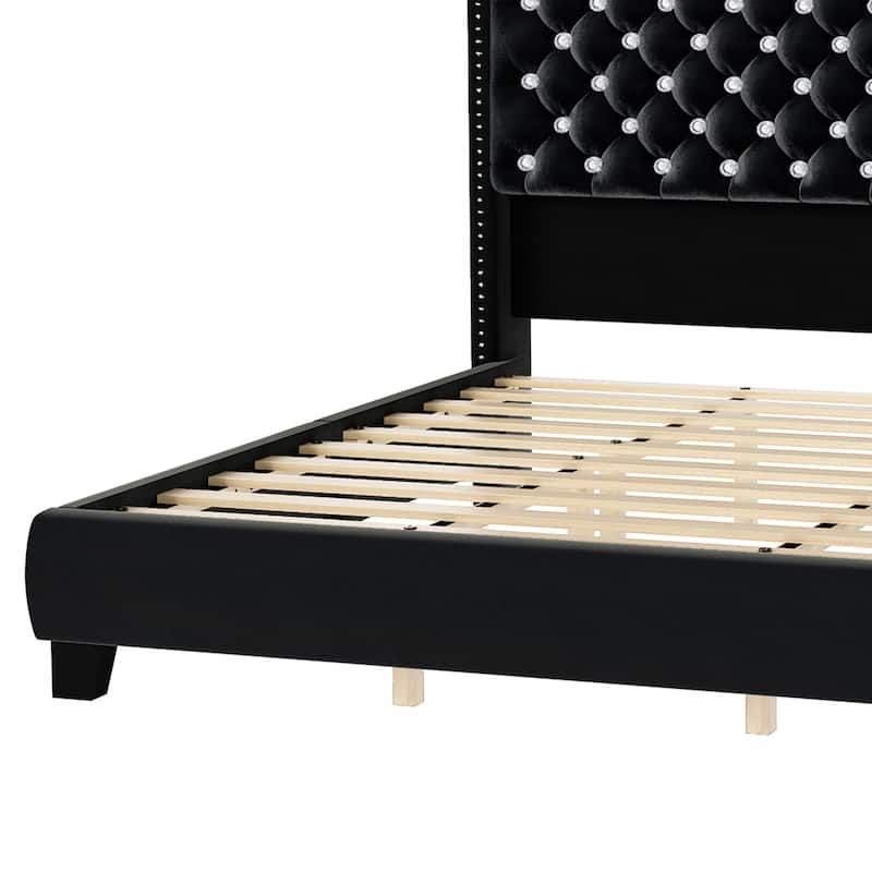 58" Tall Wingback Storage Headboard Bed Frame with USB Charging Stations and Deep Button Tufted