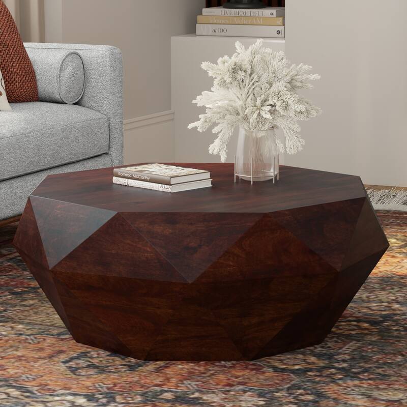 WYNDENHALL Paros SOLID ACACIA WOOD 35 inch Wide Irregular Contemporary Coffee Table Fully Assembled - Walnut Brown