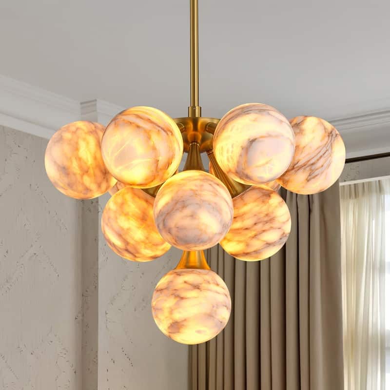 KAYLA Modern Sputnik Alabaster Chandelier, 18 Light Gold & Smoked Alabaster Globe Chandeliers