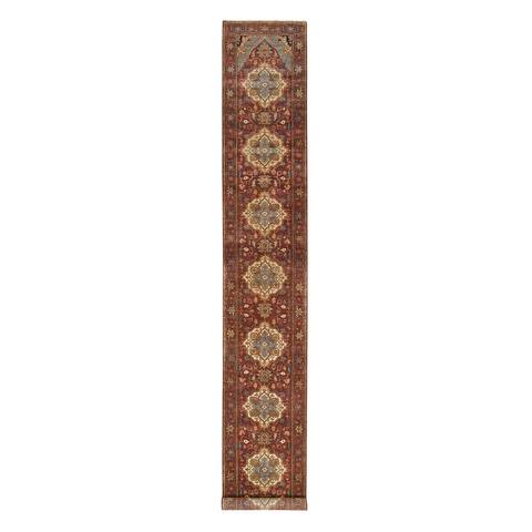 Shahbanu Rugs Red Hand Knotted Antiqued Fine Heriz Re-Creation Densely Woven Natural Dyes Wool XL Runner Rug (2'7" x 18'0")