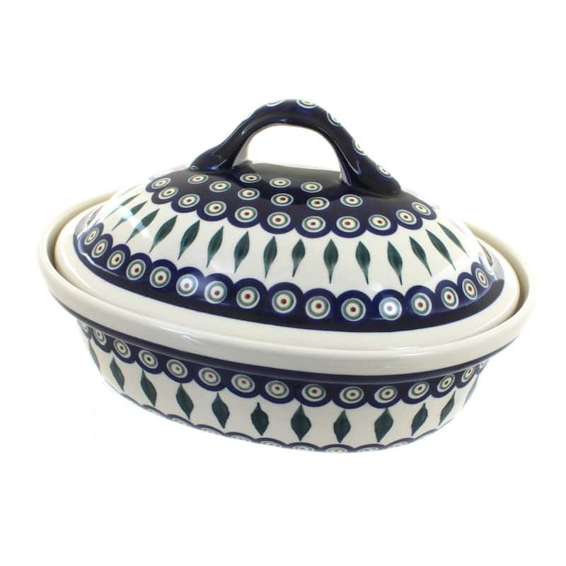 Blue Rose Polish Pottery 1158 Zaklady Roaster with Lid - Peacock