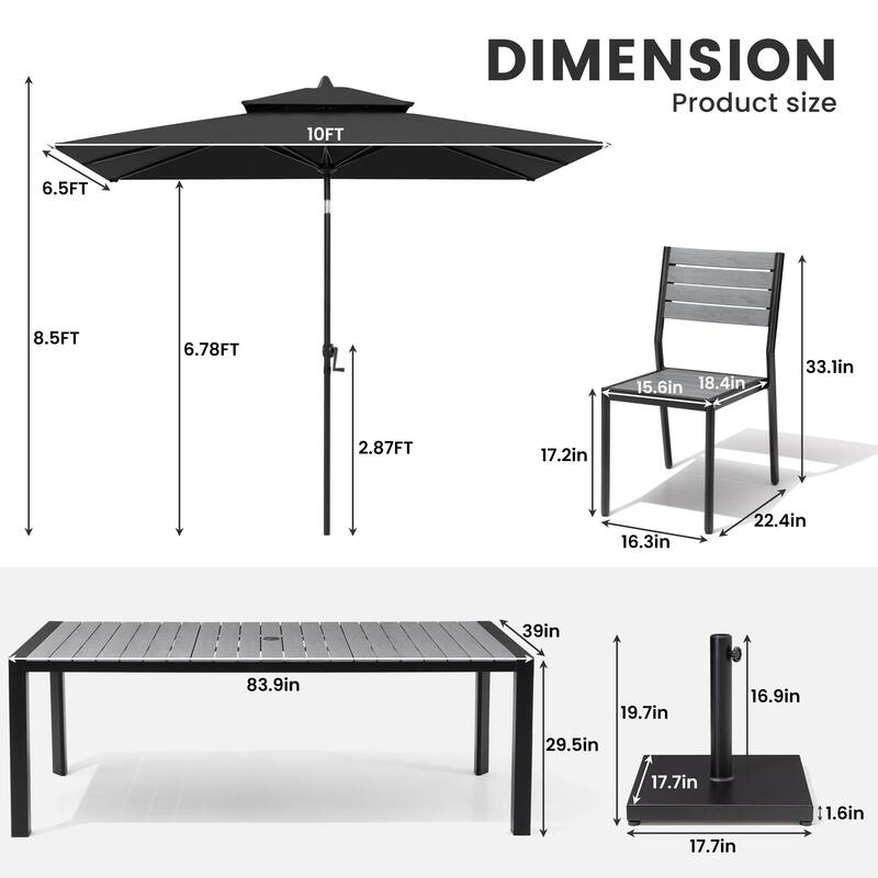 9/11-Piece Outdoor Dining Set w/10 ft Umbrella and Base Aluminum Dining Table and Stackable Chairs