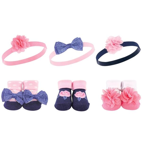 slide 1 of 1, Hudson Baby Infant Girl Headband and Socks Giftset 6pc, Pink Navy Flower, One Size - Pink Navy Flower Pink Navy Flower - One Size