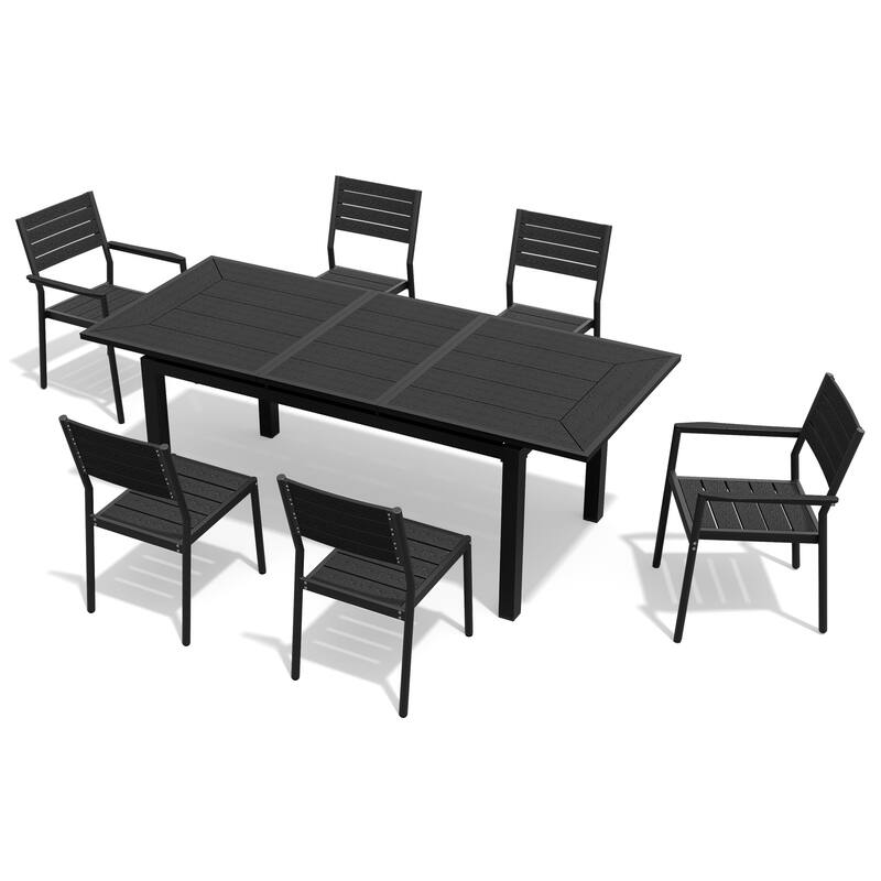 7-Piece Set Extendable Outdoor Aluminum Dining Table with Stackable Chairs