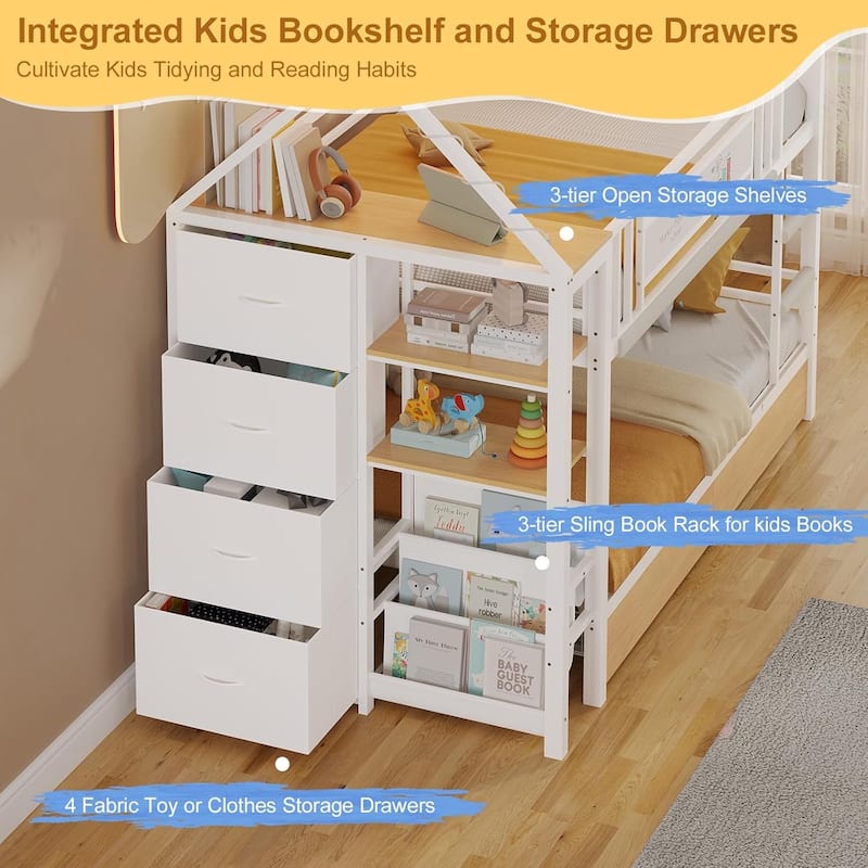 House Low Loft Bed Twin Size Storage Drawers Bookcase LED Lights