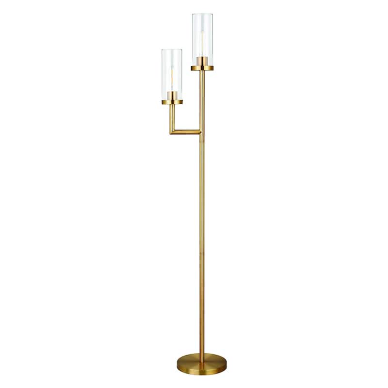 69" Tall Torchiere Floor Lamp with Clear Glass Drum Shades and 2-Light Metal Stand 8 Feet Cord - 69"H x 11"W x 11"D - Brass-Clear