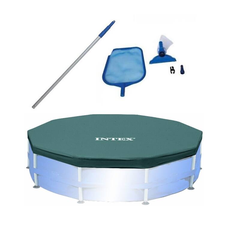Intex Swimming Pool Maintenance Kit with Vacuum and Pole & 10’ Round Pool Cover - 3.47