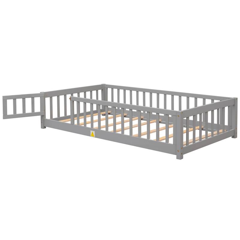 Twin size Floor Platform Bed with Fence and Door