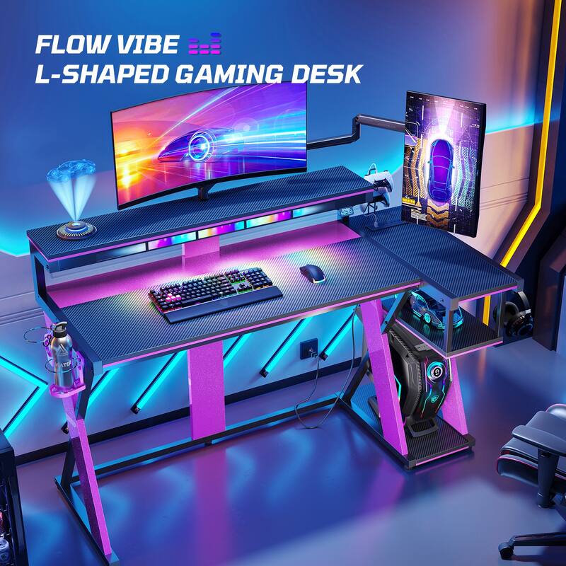 57 in. L Shape Gaming Desk with LED Lights Monitor Stand Power Outlets Cup Holder and Headphone Hook
