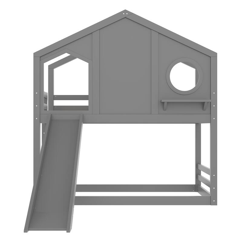 Twin House Bunk Bed with Slide & Storage Shelves - Solid Wood, Childlike Design, Window