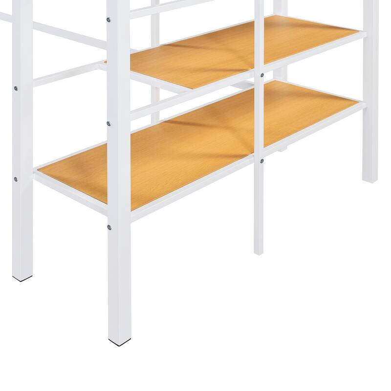 Twin Size Metal Loft Bed with Upper Storage Shelf and Lateral Ladder, White