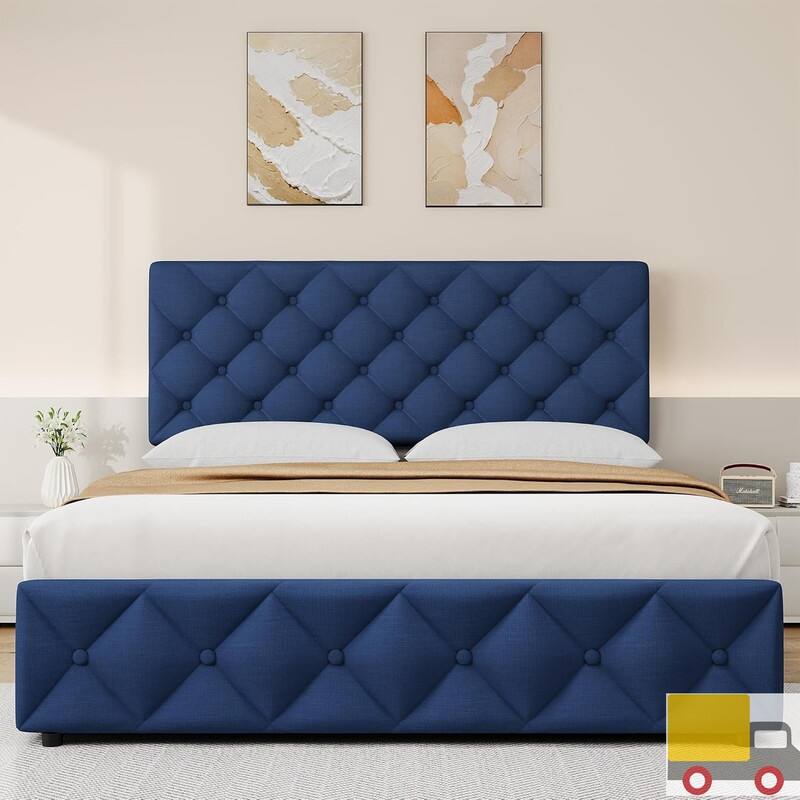 Upholstered Bed with 4 Drawers and Adjustable Button-Tufted Linen Headboard