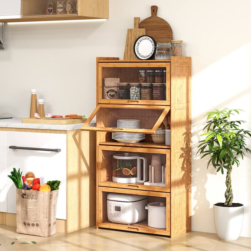 Gymax 4-Tier Bamboo Bookshelf w/Doors See-through Acrylic Doors