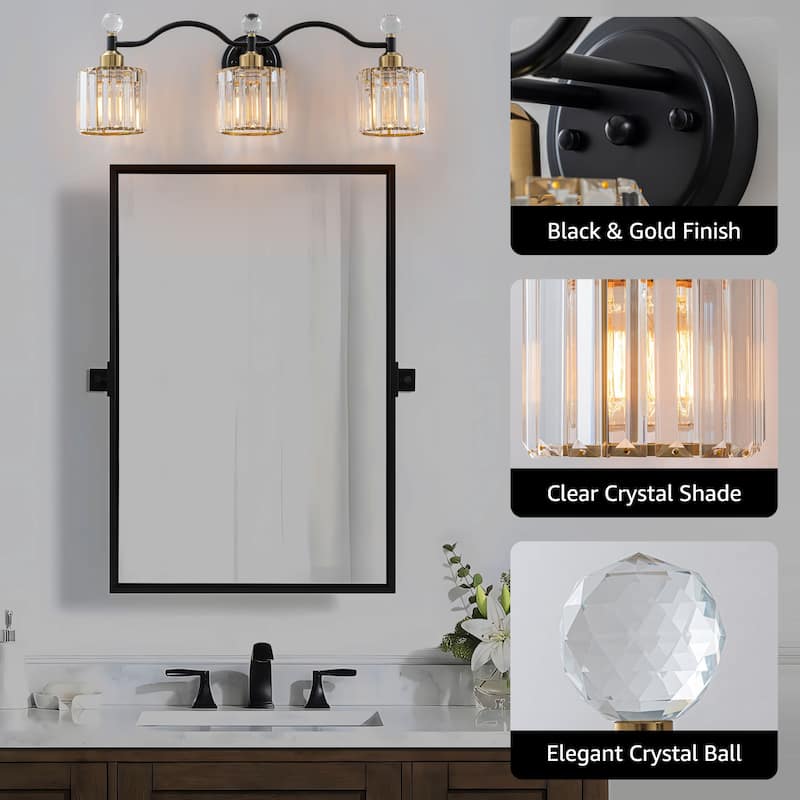 Starsky 3-Light Modern Crystal Bathroom Vanity Fixture with Ribbed Glass Shades and Sparkling Crystal Ball Accents