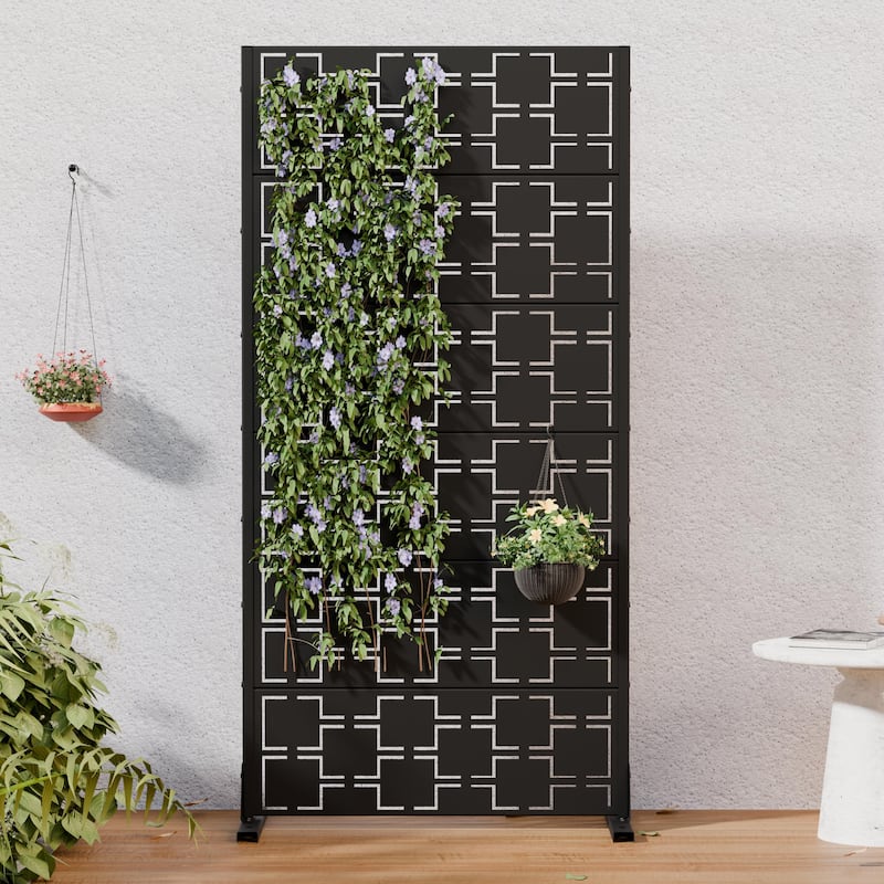 Modern Metal Privacy Screen Outdoor Decorative Partition with Stable Base Hanging Plant-Friendly Panel - 60"H x 30"W - Black